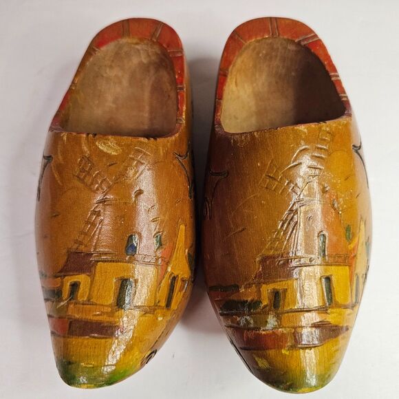 Vtg Wooden Dutch Clog Shoes Handcarved Painted 7" Holland Windmill - Picture 1 of 7